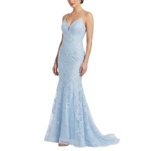 Jovani Women's Formal Dress Size 6 Blue Beaded Lace Backless Long Mermaid Gown